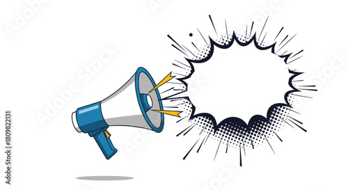 Retro comic book style illustration of a megaphone shouting into a blank explosive speech bubble with halftone effects for announcements.