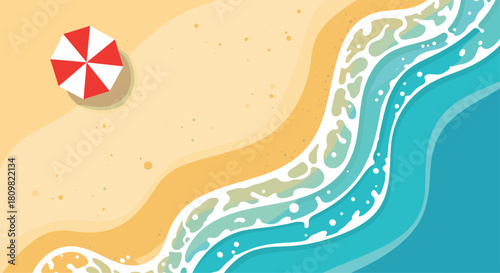 Peaceful top-down aerial view of a sandy beach featuring a red and white umbrella and foamy turquoise ocean waves lapping the shore.