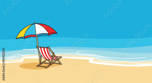 Peaceful cartoon beach scene featuring a single deck chair and a colorful umbrella on the sand looking out at the calm blue ocean.