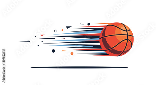 Dynamic vector illustration of a basketball flying through the air at high speed with abstract motion trails indicating fast movement.