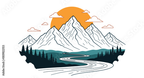 Beautiful line art illustration of a majestic mountain landscape with a winding river and pine forest under a large setting sun and clouds.