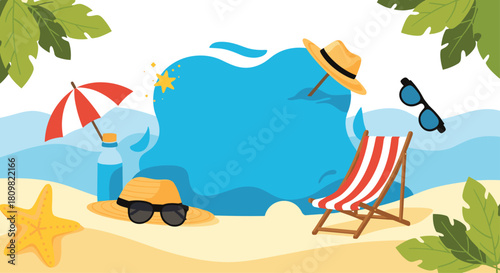 Vibrant summer beach vacation background with a central water splash for copy space surrounded by a chair umbrella hats and sunglasses.