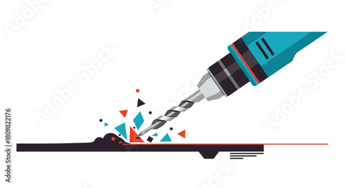Stylized vector illustration of an electric drill boring a hole into a surface creating colorful abstract geometric debris and dust.