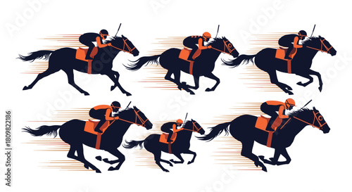 Collection of dynamic silhouettes of jockeys riding galloping racehorses at high speed during a competitive equestrian derby event.