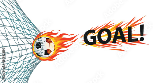 Dynamic vector illustration of a flaming soccer ball scoring a goal by flying into the net with explosive action and typography.