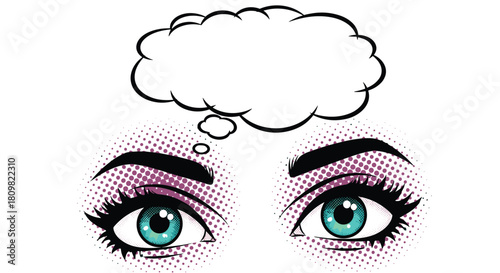 A retro pop art illustration of a woman's expressive eyes with a blank thought bubble above her head on a halftone background.