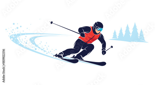 Dynamic vector illustration of a skier in full gear carving down a snowy mountain slope with speed and skill during winter.