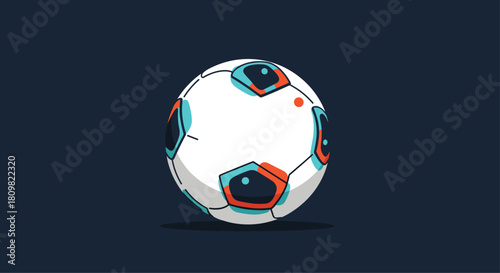 A modern and stylized illustration of a soccer ball with vibrant blue and orange details isolated on a solid dark blue background.