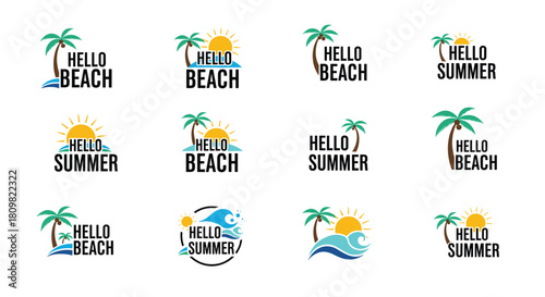 A large collection of twelve 'Hello Summer' and 'Hello Beach' logo designs featuring palm trees suns and waves for vacation themes.