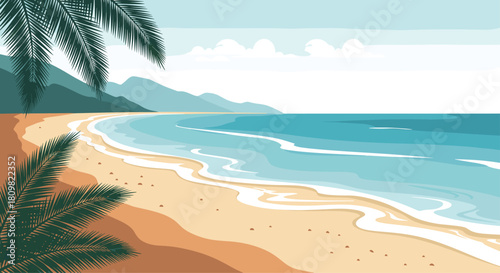 A tranquil and picturesque beach landscape with gentle waves lapping the sandy shore palm leaves in the foreground and distant mountains.