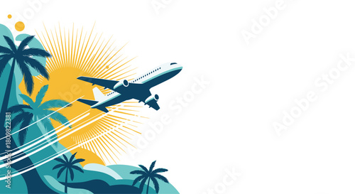 A stylized illustration of an airplane taking off for a tropical vacation with a bright sun and palm trees in the background.