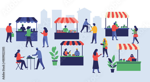 A bustling outdoor street market scene with diverse people shopping and selling goods at various colorful stalls and food stands.