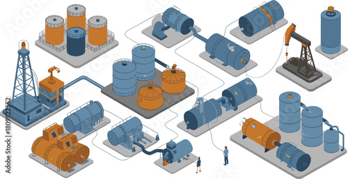 Isometric illustration of industrial oil refinery plant with storage tanks, pipelines, drilling rigs, and worker for petroleum production and energy industry