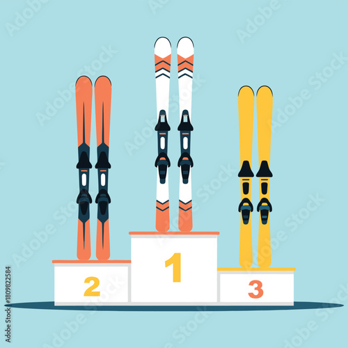 Winner podium with winter skis, vector illustration for winter games, skiing competition concept, sports achievement design, isolated on white background, digital graphic for apps, websites, posters, 