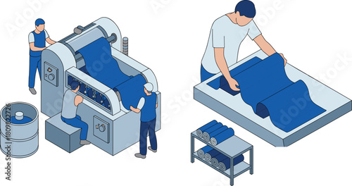 Isometric illustration of industrial textile manufacturing process with workers operating machinery and inspecting fabric rolls, factory production concept