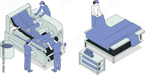 Isometric illustration of industrial textile manufacturing process with workers operating machinery and inspecting fabric rolls, factory production concept