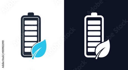 Battery icons with leaf symbol on dark background - Vector icon symbol for website - Icon vector - Blue icon vector - Line and glyph solid icon and logo template