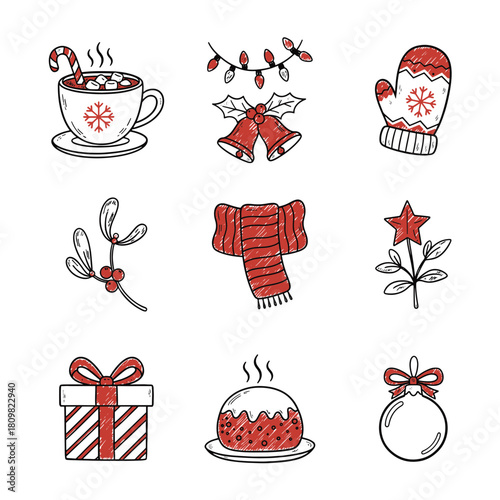 Hand-drawn Christmas icons: hot cocoa, mittens, gifts, and festive decorations for holiday design