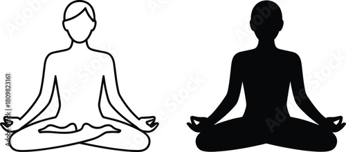 Yoga and meditation lotus pose vector icons outline and silhouette