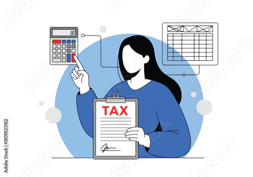 Woman holding tax document with financial charts and calculator - Flat Vector Illustration, icon. Editable stroke. Colored vector illustration
