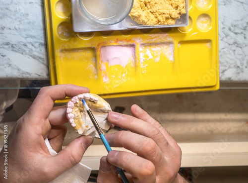 Dental crowns coated with primer before firing by technician in lab, prosthodontics process, ceramic preparation, oral restoration, dental manufacturing. Top view