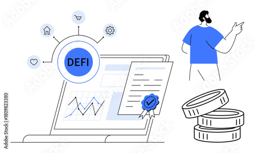 Laptop displaying finance graph and certified DeFi token, surrounded by ecosystem icons. User pointing, coin stack. Ideal for fintech, blockchain, investments, growth, analytics certification