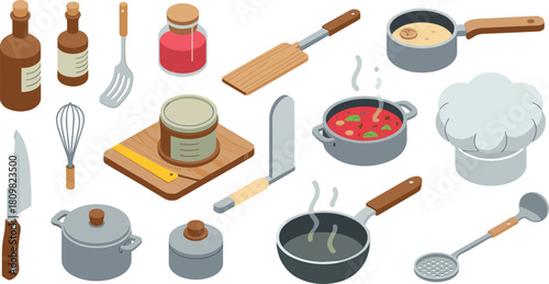 Isometric illustration of kitchen cooking tools and utensils with pots, pans, knives, bottles, and ingredients for culinary preparation