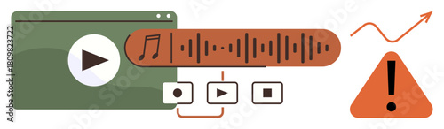 Browser window with play icon, audio waveform bar, playback controls, rising trend line, and alert triangle. Ideal for media production, streaming, data analysis event alerts and tech concepts. A