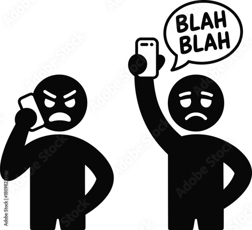 Annoyed people talking on smartphones, one bored with 'blah blah'