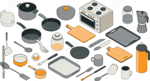 Isometric illustration of kitchen cookware utensils and appliances including pots, pans, knives, cutting boards, oven, and cooking accessories
