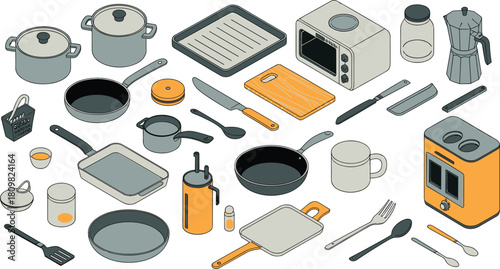 Isometric illustration of kitchen cookware utensils and appliances including pots, pans, knives, cutting boards, oven, and cooking accessories
