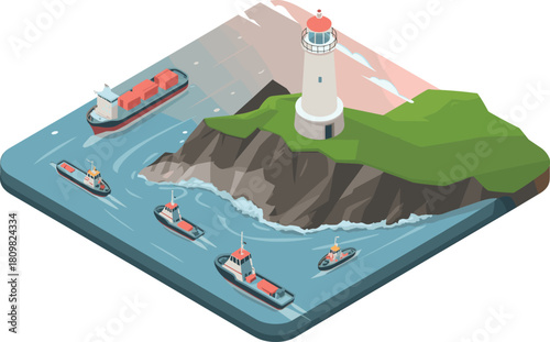 Isometric illustration of lighthouse on rocky island guiding cargo ships and tugboats sailing in ocean maritime transportation route scene