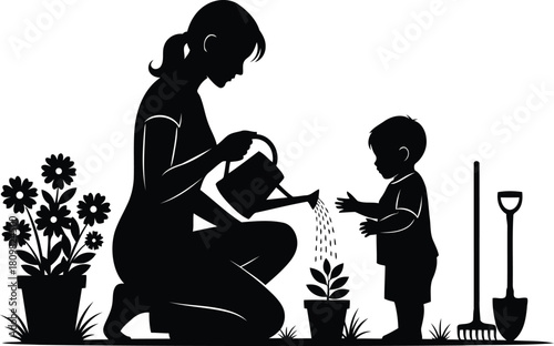 A loving mother and her child share a joyful moment in the garden, nurturing new life together, symbolizing growth, care, and the precious bond between parent and offspring