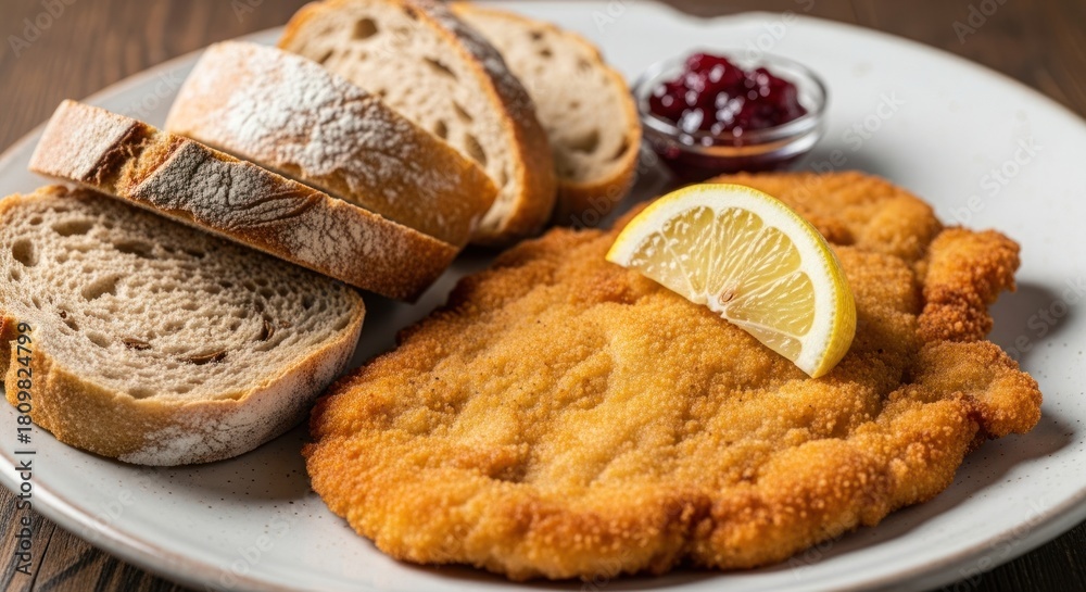 Naklejka premium Crispy fried cutlet with bread lemon slice and preserves on plate