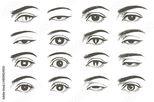 Monochrome art of assorted eyes, highlighting different pupil designs, lid angles, and brow thicknesses, white background