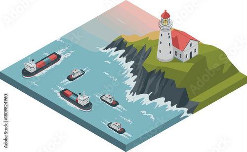 Isometric illustration of lighthouse on rocky island guiding cargo ships and tugboats sailing in ocean maritime transportation route scene