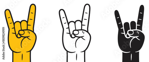 Rock on with iconic heavy metal hand gesture illustration, symbolizing energy and rebellion, three distinct styles, vector design for music, band, concert, festival, digital graphics for apps, website