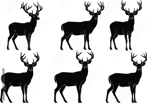 Deer silhouette collection, majestic buck standing poses, wildlife illustration set for nature design, hunting themes, forest animals, outdoor graphic artwork