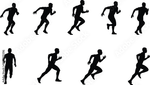 Dynamic running man silhouette collection, athletic movement poses, vector sports illustration for fitness design, training concepts, digital artwork resources
