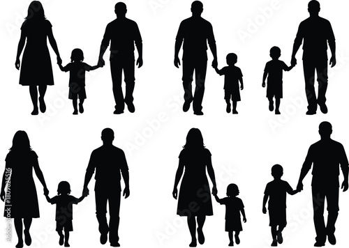 Family walking silhouette set, parents and children holding hands, happy family illustration, parenting concept, vector design for community and lifestyle themes