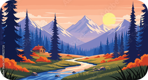 Mountain landscape vector illustration featuring winding river, pine forest, wooden cabin, and sunset sky for scenic nature outdoor background.