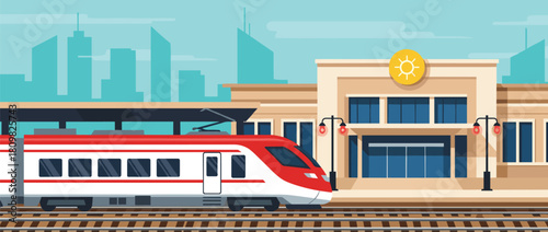 Modern high-speed red train arriving at railway station platform with city skyline background, public transport travel vector illustration.