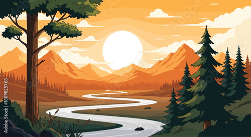 Nature landscape vector illustration with winding river, pine forest, mountains, big tree, and orange sunset sky for outdoor background.