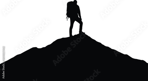 Silhouette of a triumphant adventurer reaching the mountain summit, symbolizing personal achievement and the successful completion of a challenging journey