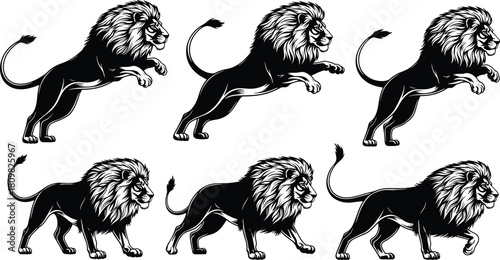Lion silhouette illustrations, powerful wild animal poses, roaring and walking lion artwork, majestic predator graphic design for branding and decoration