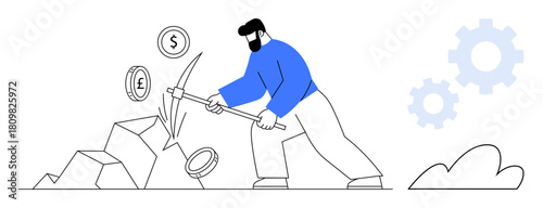 Person extracting dollar, pound, and euro coins from rocks with a pickaxe, symbolizing hard work, resource gathering, and financial investment. Ideal for finance, cryptocurrency, economy labor