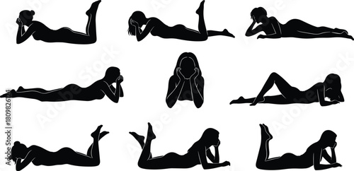 Relaxing woman silhouette poses lying on floor, peaceful female figure illustrations for wellness, meditation, rest, spa, calm lifestyle design projects