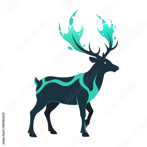 Stylized dark deer with glowing teal antlers and markings isolated on white background isolated on transparent background silhouette