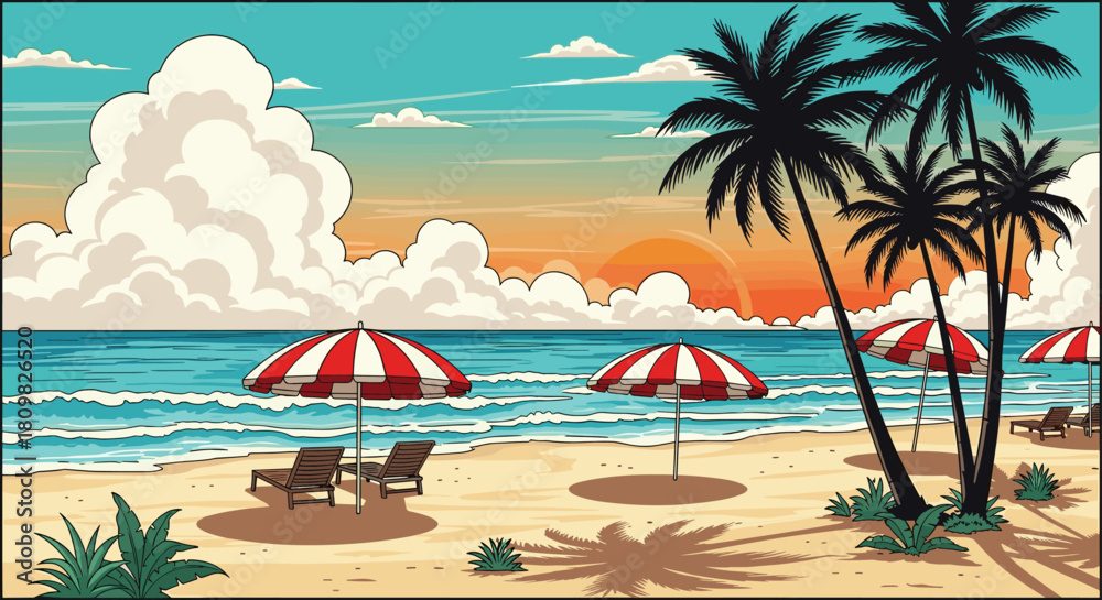 Obraz premium Tropical beach vector illustration with palm trees, red umbrellas, lounge chairs, blue ocean waves, and sunset sky for summer vacation.