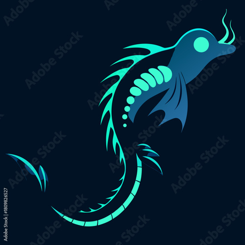 Stylized aquatic creature with glowing skeletal details on a dark background isolated on white background isolated on transparent background silhouette